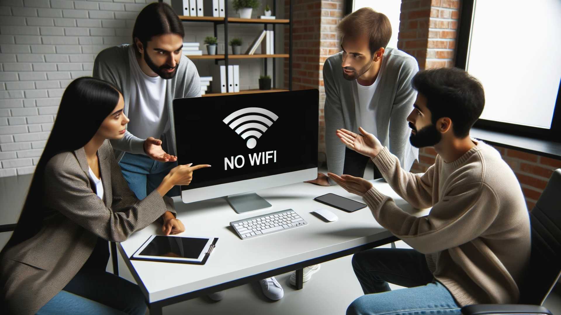 Photo of a modern home office setup with a sleek desktop computer displaying a 'No WiFi' warning on the screen. A diverse group of three people, including a male of Hispanic descent, a female of European descent, and another male of Middle Eastern descent, are collaboratively discussing and pointing at the screen.