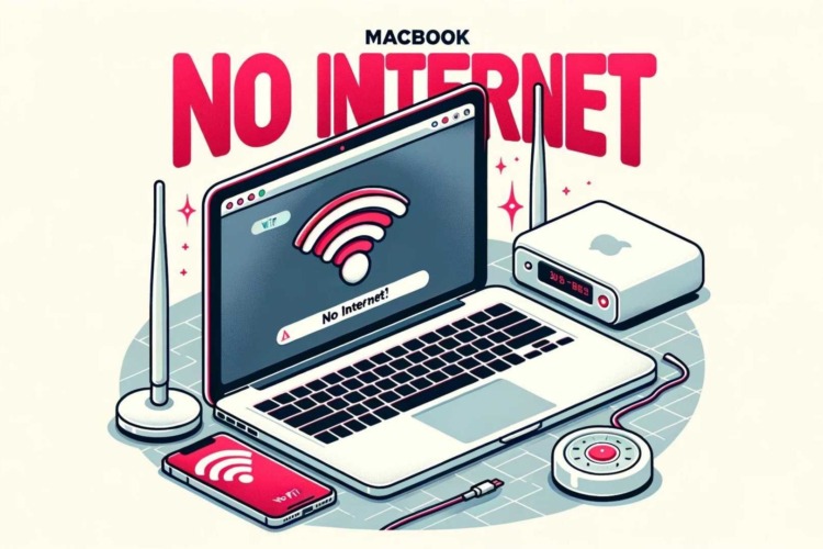 A vector image of a MacBook showing a 'No Internet' browser error and a Wi-Fi router with a warning sign. The blog post headline stands out above.