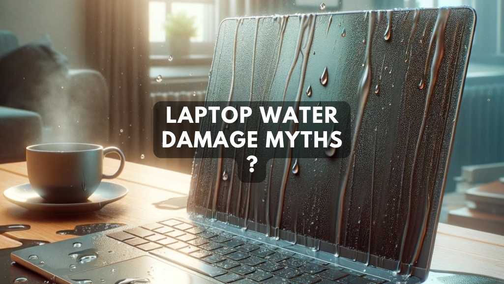 an image of a laptop with water damage, showing the consequences of a spill on the device. The visual depicts a realistic scenario with a laptop on a desk, featuring a wet keyboard and water droplets on the screen, along with signs of malfunction.